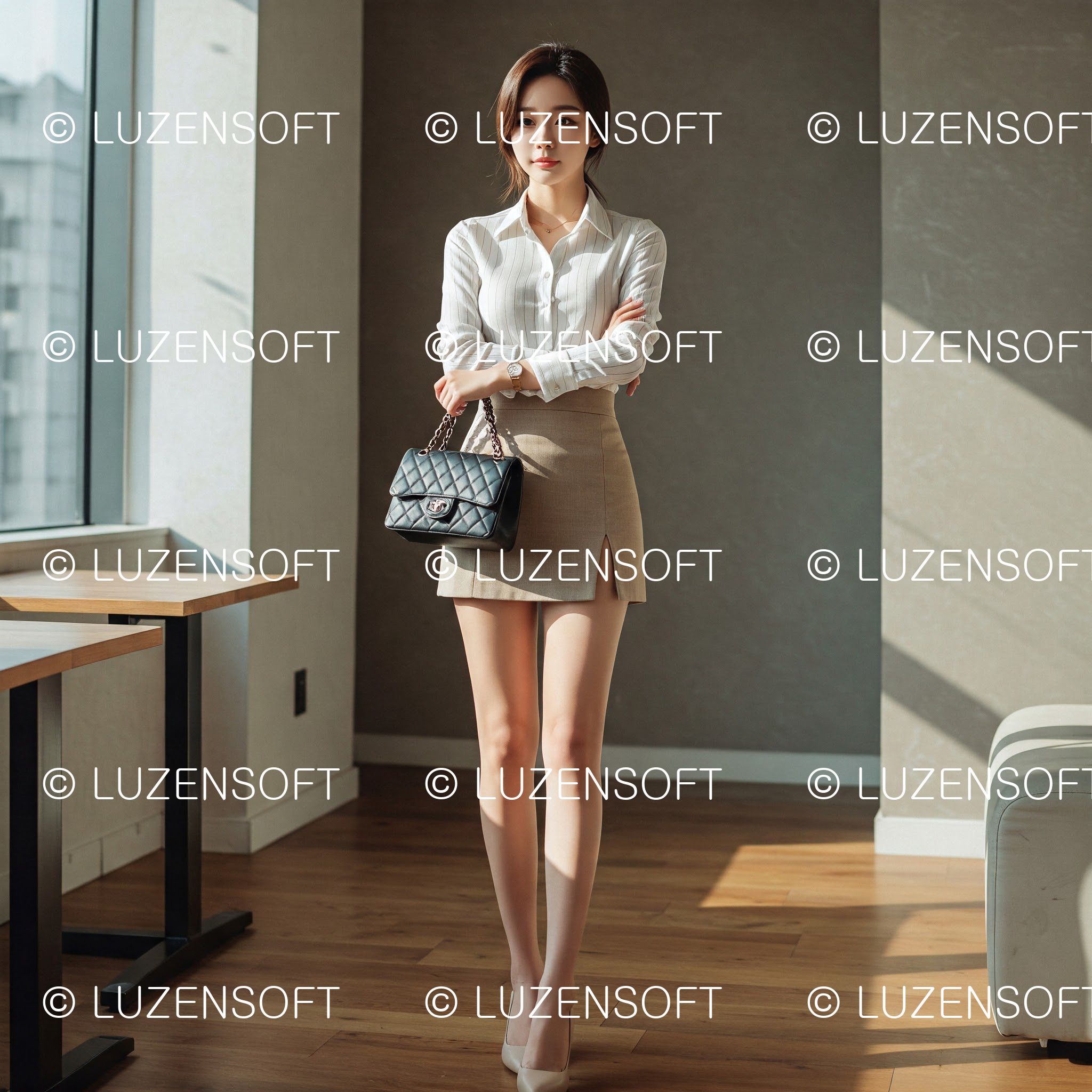 비서 흰셔츠 아이보리 미니스커트 미니핸드백